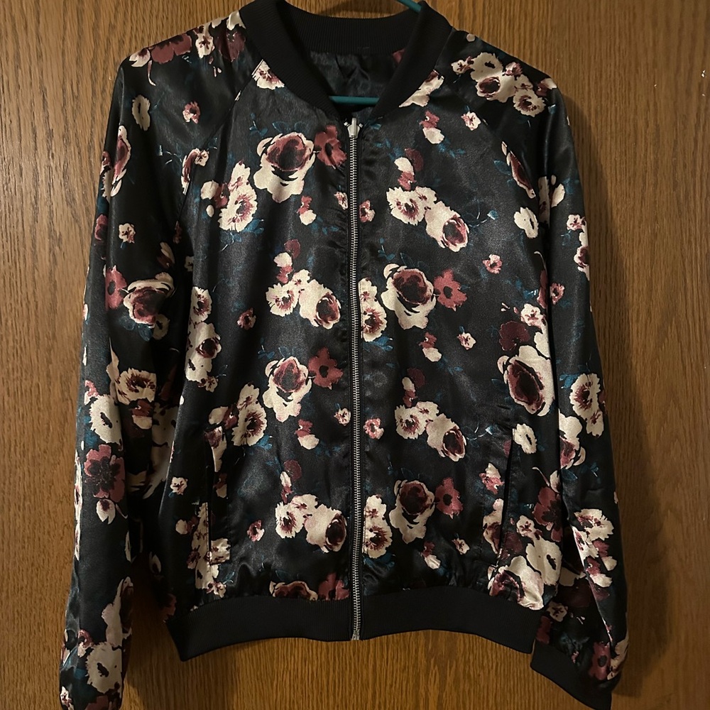 Satin Floral Black Bomber Jacket